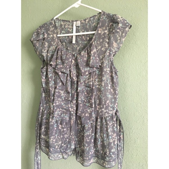 LC Lauren Conrad Sheer Women's Blouse Size S Gray Floral Sleeveless Ruffle - Picture 5 of 7